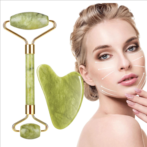 Pierre de Jade – Rouleau Massage du Visage Pierre de Jade Vert &amp; Planche de Guasha